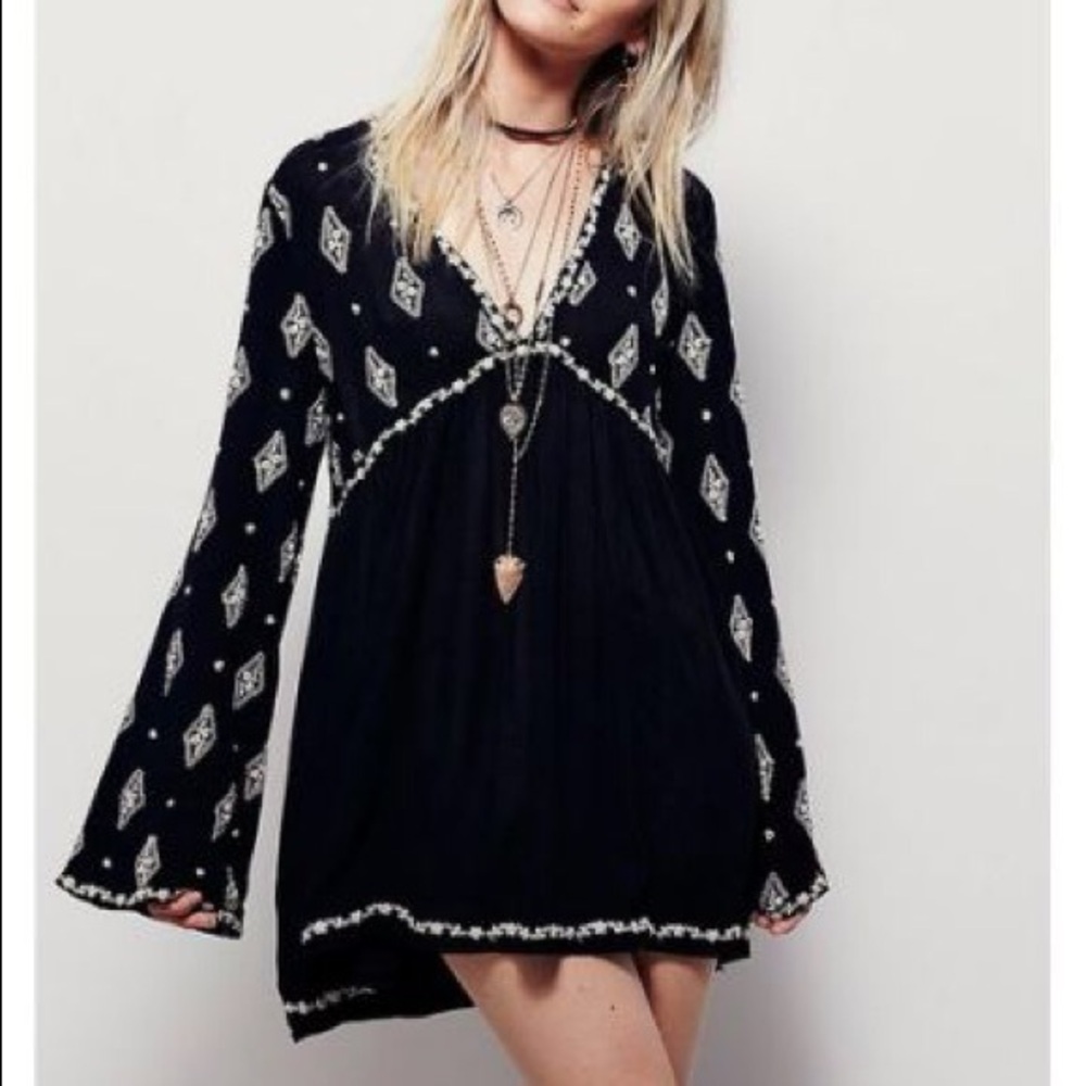Free People Black and Cream Embroidered Top